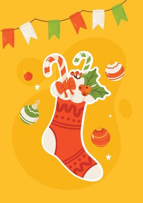 Merry Christmas greeting card with sock, candy cane and decoration. Flat illustration. New year banner