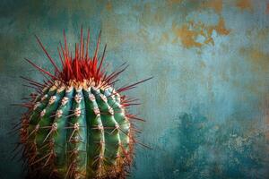 Cactus with long red spines growing in front of a green wall photo