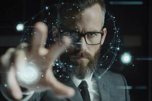 Businessman interacting with futuristic global network hologram photo