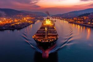 Large container ship leaving industrial port at sunset photo