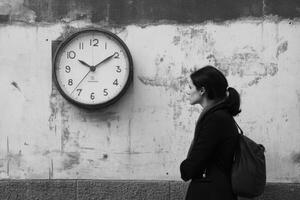 Businesswoman checking the time on a large clock on a weathered wall photo