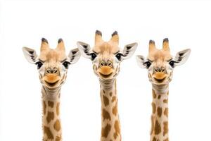 Three giraffes are showing funny faces on a white background photo
