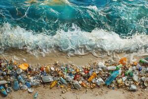 Plastic waste polluting sandy beach and turquoise ocean water photo