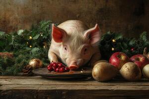 Piglet enjoying christmas dinner with cherries, apples, and potatoes photo