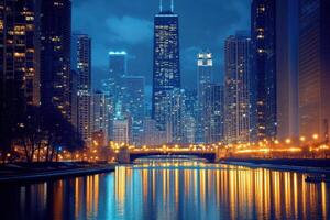 Chicago skyline reflecting in the chicago river at dusk with illuminated skyscrapers photo