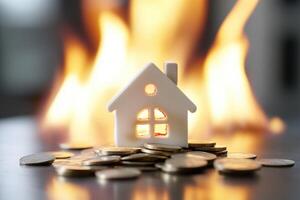 House model stands on coins with fire burning in background, depicting investment risk photo
