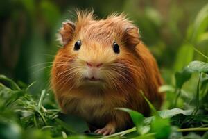 Cute red haired guinea pig exploring green grass photo
