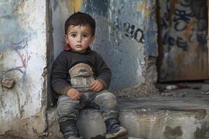 Sad child sitting on a damaged building step in a poor neighborhood photo