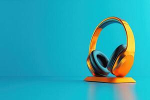 Orange metallic modern headset resting on charging base on blue background photo