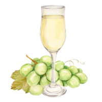Watercolor branch with white grapes lies on the table and a glass with white wine. Illustration of green berries and leaves isolated on the background. Sparkling wine. Festive cocktail. png