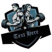 A man and woman holding dumbbells in front of a shield vector
