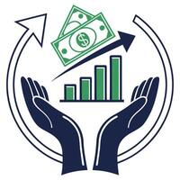 Hands holding up a dollar sign and a graph vector