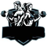 A man and woman holding dumbbells in front of a shield vector