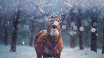 A majestic deer with antlers stands in a snowy forest, illuminated by soft light. The scene is serene and captivating, highlighting the beauty of wildlife in a winter setting video