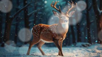 A majestic deer with antlers stands in a snowy forest, illuminated by soft light. The scene is serene and captivating, highlighting the beauty of wildlife in a winter setting video
