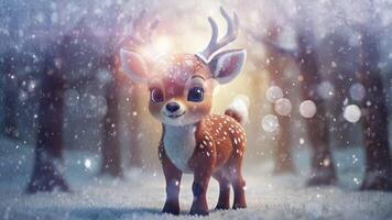 A majestic deer with antlers stands in a snowy forest, illuminated by soft light. The scene is serene and captivating, highlighting the beauty of wildlife in a winter setting video
