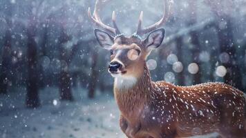 A majestic deer with antlers stands in a snowy forest, illuminated by soft light. The scene is serene and captivating, highlighting the beauty of wildlife in a winter setting video