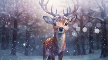 A majestic deer with antlers stands in a snowy forest, illuminated by soft light. The scene is serene and captivating, highlighting the beauty of wildlife in a winter setting video