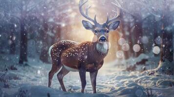 A majestic deer with antlers stands in a snowy forest, illuminated by soft light. The scene is serene and captivating, highlighting the beauty of wildlife in a winter setting video