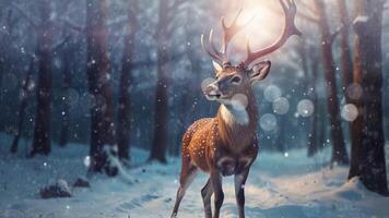 A majestic deer with antlers stands in a snowy forest, illuminated by soft light. The scene is serene and captivating, highlighting the beauty of wildlife in a winter setting video