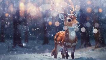 A majestic deer with antlers stands in a snowy forest, illuminated by soft light. The scene is serene and captivating, highlighting the beauty of wildlife in a winter setting video