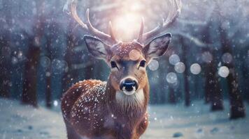 A majestic deer with antlers stands in a snowy forest, illuminated by soft light. The scene is serene and captivating, highlighting the beauty of wildlife in a winter setting video
