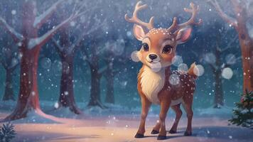 A majestic deer with antlers stands in a snowy forest, illuminated by soft light. The scene is serene and captivating, highlighting the beauty of wildlife in a winter setting video