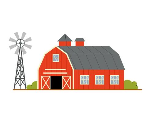 Farm with red barn and windmill. Rural landscape. Agriculture and farming concept. Flat illustration on white background.