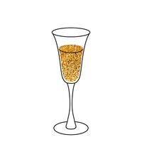 Drink glass icon doodle style. Champagne. Golden bubbles, festive toast. Objects isolated on white background. For holiday card or elegant party invitation. vector
