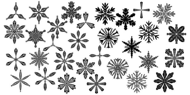 a set of snowflakes in various shapes and sizes
