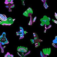 a pattern of birds and flowers on a black background vector