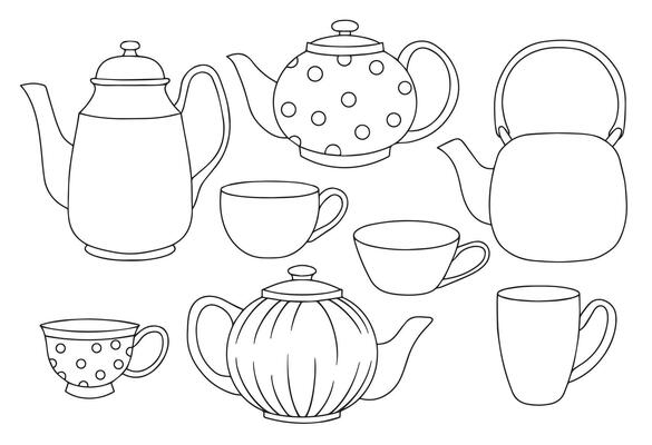 Coloring book. Illustration in doodle style. Set of teapots and cups. Cute vintage teapots and mugs for tea