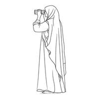 A woman in a hijab is looking through a telescope vector