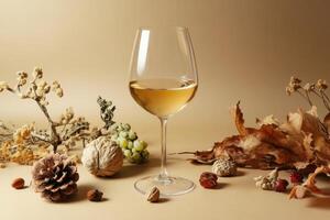 Glass of white wine celebrating autumn harvest with fruits, nuts, and dried leaves photo