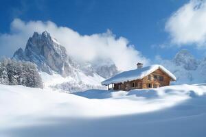 Wooden mountain chalet covered by snow in the dolomites during winter photo