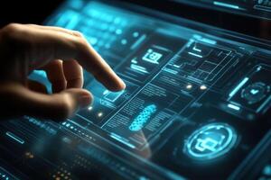Scientist using futuristic touchscreen interface with dna analysis and data photo