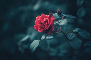 Red rose blooming in the garden with two buds waiting to open photo