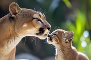 Puma mother showing affection to its cub in natural habitat photo