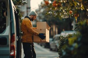 Delivery man unloading cardboard boxes from a van in residential area photo