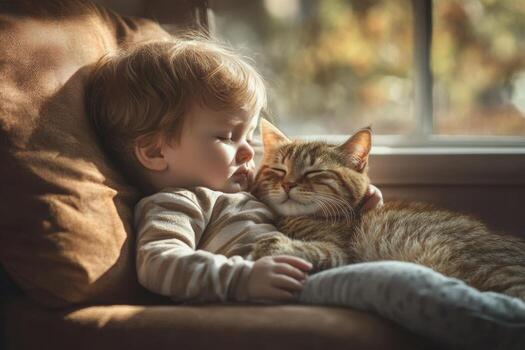 Toddler sleeping and hugging a ginger cat on a sofa photo