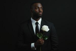 Elegant businessman holding white rose on black background photo