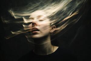 Woman experiencing anxiety and mental health challenges in abstract portrait photo