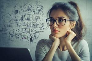 Businesswoman is brainstorming new ideas for her startup project photo