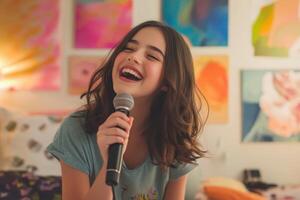 Young girl singing with microphone and smiling in bedroom photo