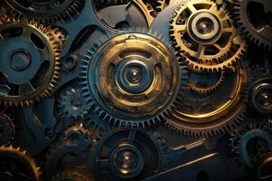 Complex gold and steel gear mechanism representing transformation and process photo