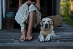 Woman relaxing with dog on wooden porch enjoying peaceful moment photo