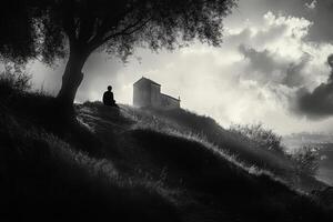 Man meditating under tree gazing at church on hilltop in black and white photo