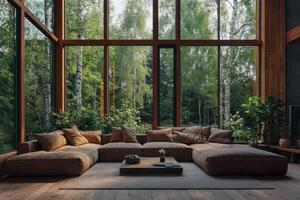 Modern living room overlooking lush forest through large windows in sustainable home photo