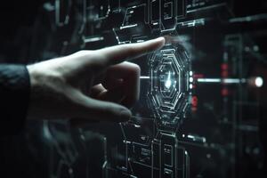 Hand touching digital interface launching futuristic software application photo