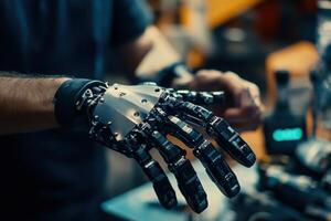 Robotics engineer calibrating and adjusting futuristic bionic hand photo